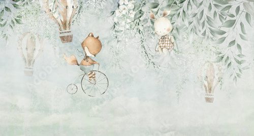Fox and bunny with balloon in the background, watercolor greenery, can be used as invitation card for wedding, birthday and other holiday and  summer background. Fototapety do Pokoju Dziecka Fototapeta