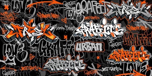 Graffiti background with throw-up and tagging hand-drawn style. Street art graffiti urban theme for prints, banners, and textiles in vector format. Fototapety Graffiti Fototapeta