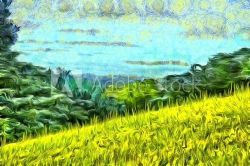 grass filled hillside against a background of trees and a blue sky Van Gogh Obraz