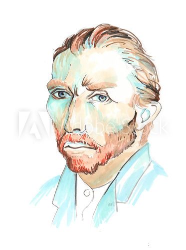 Hand drawn aquarelle colorful illustration. Watercolor artwork. Portrait of a man. Vincent Willem van Gogh. Van Gogh Obraz