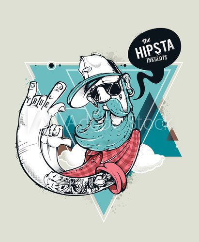 Ilustracja hipstera z tatuażem i niebieską brodą Fototapety Graffiti Fototapeta
