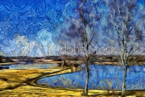 Incredible beauty of nature landscape. Spring season. Impressionism oil painting in Vincent Van Gogh modern style. Creative artistic print for canvas or textile. Wallpaper, poster or postcard design. Van Gogh Obraz