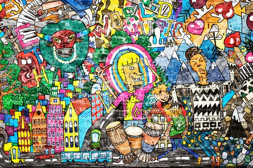 Kolorowa ilustracja urbanistyczno-muzyczna pełna detali Fototapety Graffiti Fototapeta