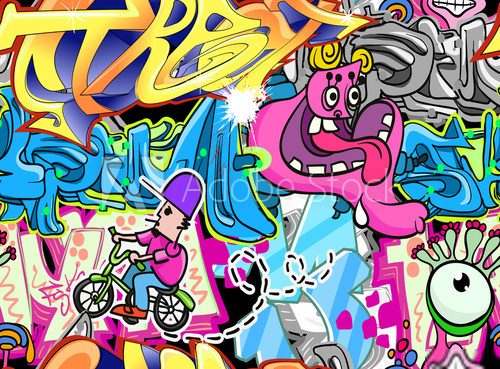 Kolorowa kompozycja graffiti z postaciami w stylu komiksowym Fototapety Graffiti Fototapeta