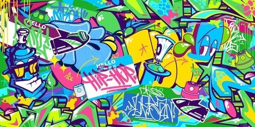 Kolorowe graffiti HIP-HOP z dynamicznymi postaciami i tagami Fototapety Graffiti Fototapeta