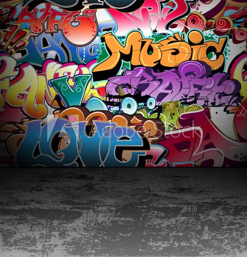 Kolorowe graffiti z hasłami muzyki i miłości na ścianie Fototapety Graffiti Fototapeta