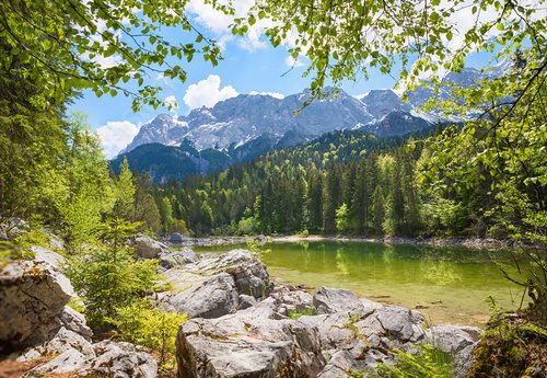 lake Frillensee Grainau, view to Zugspitze mass at springtime, upper bavarian landscape Krajobraz Fototapeta