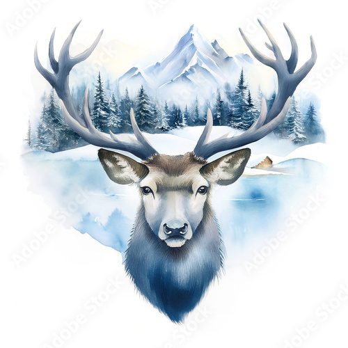 Majestic reindeer head in the snow. Winter wonderland. Watercolor illustration of a beautiful deer with a serene winter landscape and snowy pine trees in the background Zwierzęta Fototapeta