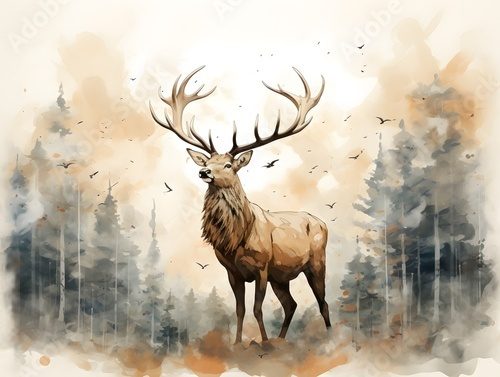 Masterful Brushstrokes: Juxtaposed Elk Painting in Minimalist Nature Study Zwierzęta Obraz