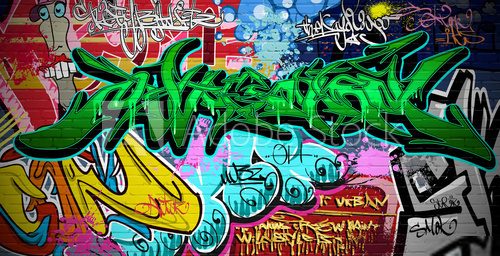 Miejskie graffiti w odcieniach zieleni na kolorowej ścianie Fototapety Graffiti Fototapeta