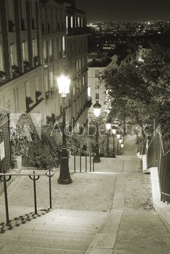 Nastrojowe schody Montmartre nocą Fototapety Czarno-Białe Fototapeta