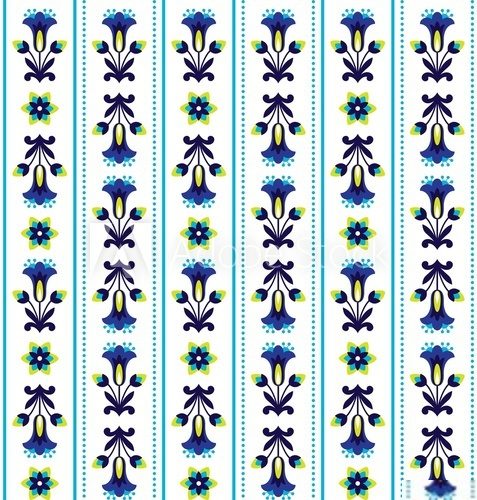 Niebieski pasowy wzór kwiatowy w stylu folkowym Folklor Fototapeta