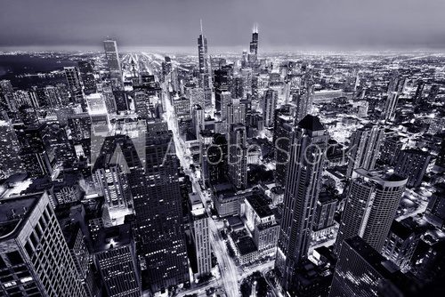 Nocna panorama Chicago w odcieniach czerni i bieli Fototapety Miasta Fototapeta