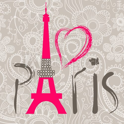 Paris lettering over lace seamless pattern Fototapety Wieża Eiffla Fototapeta