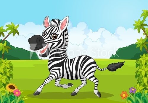 Radosna zebra na zielonej łące Fototapety do Przedszkola Fototapeta