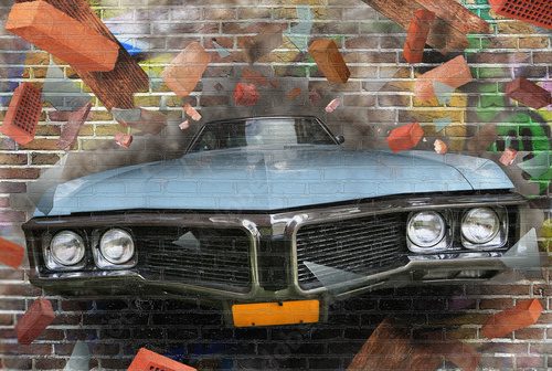 Samochód przebijający mur w artystycznym graffiti Fototapety Graffiti Fototapeta