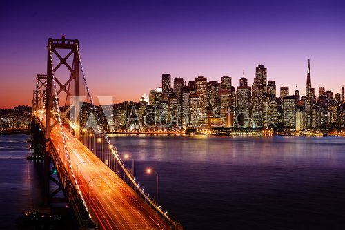 San Francisco skyline and Bay Bridge at sunset, California Mosty Obraz