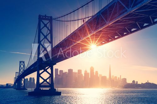 San Francisco skyline retro view. America spirit - California theme. USA background. Mosty Obraz