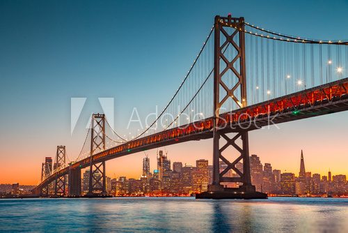 San Francisco skyline with Oakland Bay Bridge at sunset, California, USA Mosty Obraz