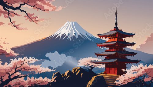 Scenic Japanese pagoda with Mount Fuji and cherry blossoms in vector spring sunset. Traditional Japan temple under sakura trees with Fuji mountain at dusk in flat vector. Mount Fuji with red pagoda Orientalne Fototapeta
