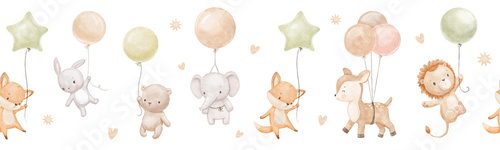 Seamless watercolor border with cute baby fox, elephant and bunny in neutral colors. Funny animals are flying with balloons in clouds. Hand drawn illustrations Fototapety do Pokoju Dziecka Fototapeta