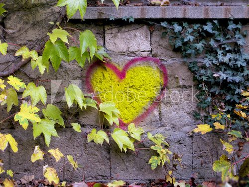 Serce w zieleni na kamiennej ścianie Fototapety Graffiti Fototapeta