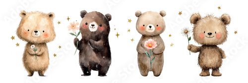 Set of cute watercolor bears holding a flower in their paws. Brown bear cubs with pink cheeks holding a daisy in their hands. Cute and kind forest animal characters. Children's characters. Fototapety do Pokoju Dziecka Fototapeta