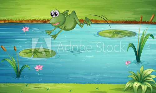 Skacząca, zielona żabka Fototapety do Przedszkola Fototapeta