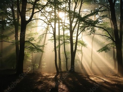 Soft morning light filters through a misty forest, casting dappled shadows on the ground, dappled shadows, serene landscape, misty forest Las Fototapeta