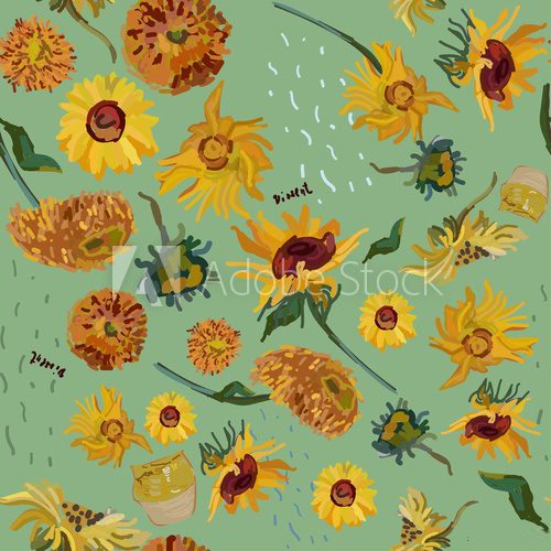 Sunflower flowers on a background of sea green. Vector illustration based on the painting of Van Gogh. Van Gogh Obraz