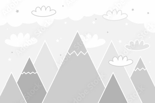 Vector color children hand drawn doodle mountain illustration in scandinavian style. Mountain landscape, clouds. Children's wallpaper. Mountainscape, children's room design, wall decor. Mural. Fototapety do Pokoju Dziecka Fototapeta