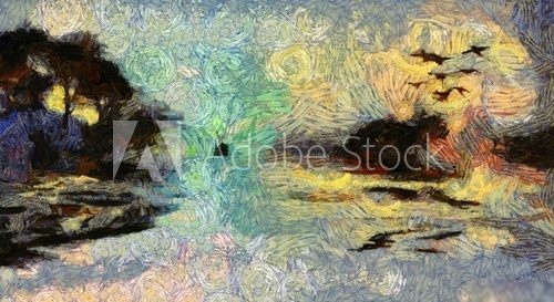 Vivid Swirling Painting of Islands Sunset or Sunrise Van Gogh Obraz