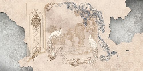 Wall mural, wallpaper, in the style of classic, baroque, modern, rococo. Wall mural with peacocks and patterned background. Light, delicate photo wallpaper design. Orientalne Fototapeta