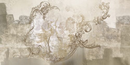 Wall mural, wallpaper, in the style of loft, classic, baroque, modern, rococo. Wall mural with graphic birds and patterns on grey concrete grunge background. Light, delicate photo wallpaper design. Fototapety do Salonu Fototapeta