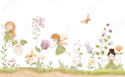Watercolor composition with floral meadow, delicate abstract flowers and cute fairies, isolated horizontal border for cover or wallpapers, mural for childish room. Hand drawn design print. Fototapety do Pokoju Dziecka Fototapeta