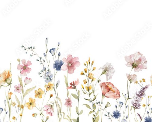 Watercolor floral seamless border. Hand painted frame of green leaves, wildflowers, field flowers, isolated on white background. Iillustration for design, print, background Fototapety do Sypialni Fototapeta