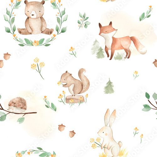 Woodland animals watercolor seamless pattern bear fox bunny Fototapety do Pokoju Dziecka Fototapeta