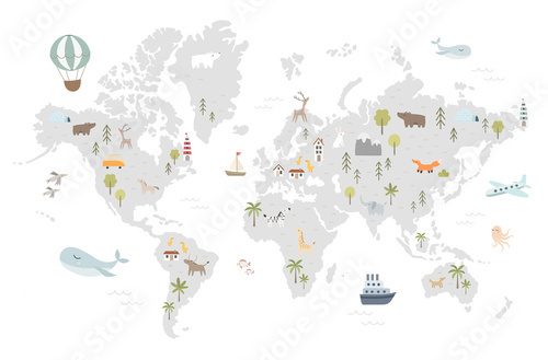 World map with cute animals in cartoon style. Map for nursery, kids room with nature, animals, transports. Skandi vector illustration Mapa Świata Fototapeta