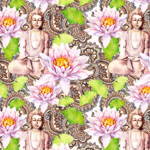 Budda z lotosu, liści, ozdobny wzór. . Akwarela Styl Orientalny Tapeta