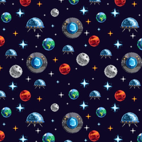 Projekt w pikselach z kolorowymi planetami i statkami Styl Futurystyczny Tapeta