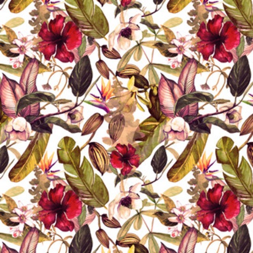 Seamless watercolor pattern with tropical flowers, magnolia, orange flower, vanilla orchid, tropical leaves, banana leaves Tapety Kwiaty Tapeta