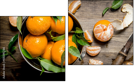 Fresh tangerines with a knife and peeled mandarins in the bucket. - Obraz dwuczęściowy, Dyptyk