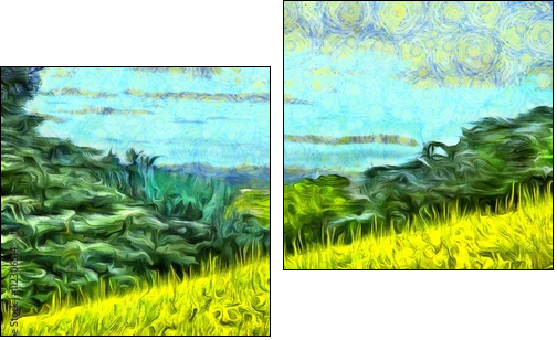 grass filled hillside against a background of trees and a blue sky - Obraz dwuczęściowy, Dyptyk