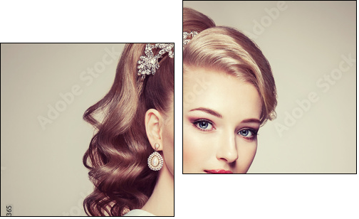 Fashion portrait of young beautiful woman with jewelry and elegant hairstyle. Blonde girl with long wavy hair. Perfect make-up.  Beauty style woman with diamond accessories - Obraz dwuczęściowy, Dyptyk