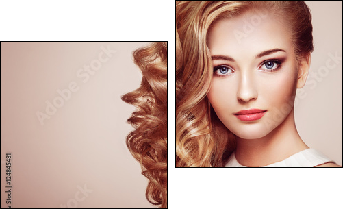Fashion portrait of young beautiful woman with jewelry and elegant hairstyle. Blonde girl with long wavy hair. Perfect make-up.  Beauty style woman with diamond accessories - Obraz dwuczęściowy, Dyptyk