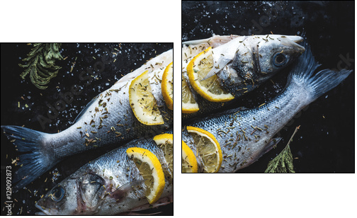 Sea bass fish with lemon on blackboard. Preparing for grill - Obraz dwuczęściowy, Dyptyk