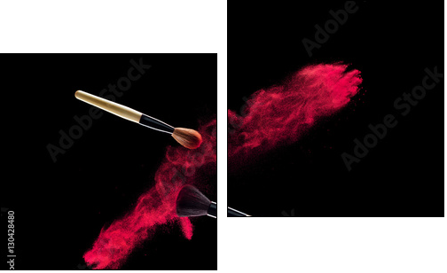Make-up brush with powder explosion on black background - Obraz dwuczęściowy, Dyptyk