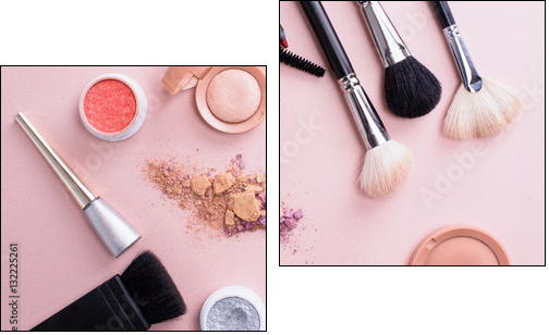 Set of decorative cosmetics on color background - Obraz dwuczęściowy, Dyptyk