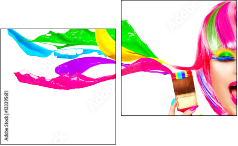 Dyed hair humor concept. Beauty model woman painting her hair in colourful bright colors - Obraz dwuczęściowy, Dyptyk