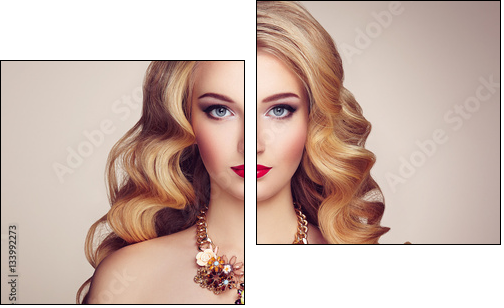 Fashion portrait of young beautiful woman with jewelry and elegant hairstyle. Blonde girl with long wavy hair. Perfect make-up.  Beauty style model - Obraz dwuczęściowy, Dyptyk